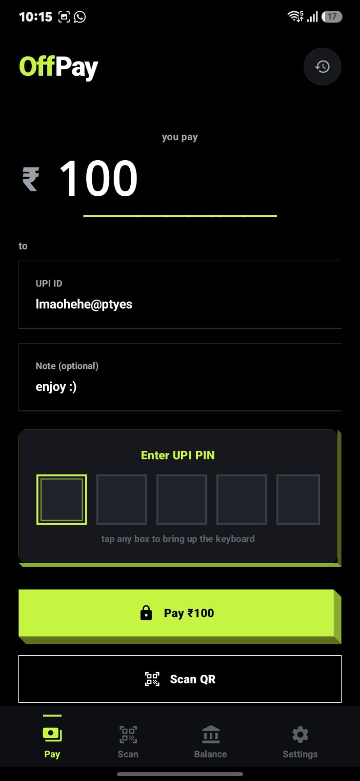 Pay screen
